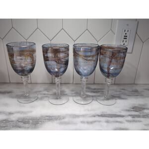 Iridescent Handblown Art Glass Goblets, Blue Brown Swirl, Set of 4 Glass Goblets